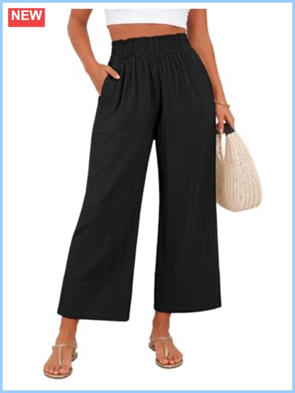 Womens Linen Wide Leg Cropped Palazzo Pants with Pockets